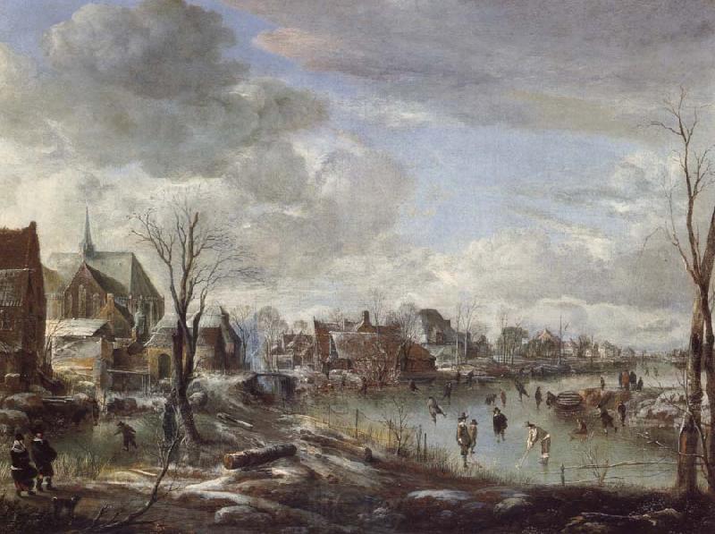 Aert van der Neer A Frozen River Near a Village,with Golfers and Skaters France oil painting art